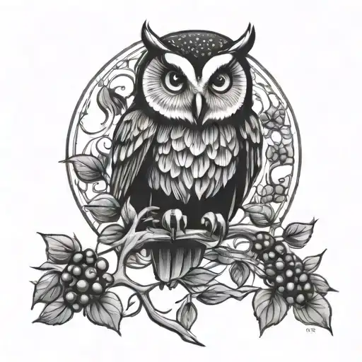 Owl And Raven And A Blueberry Bush Branch Long