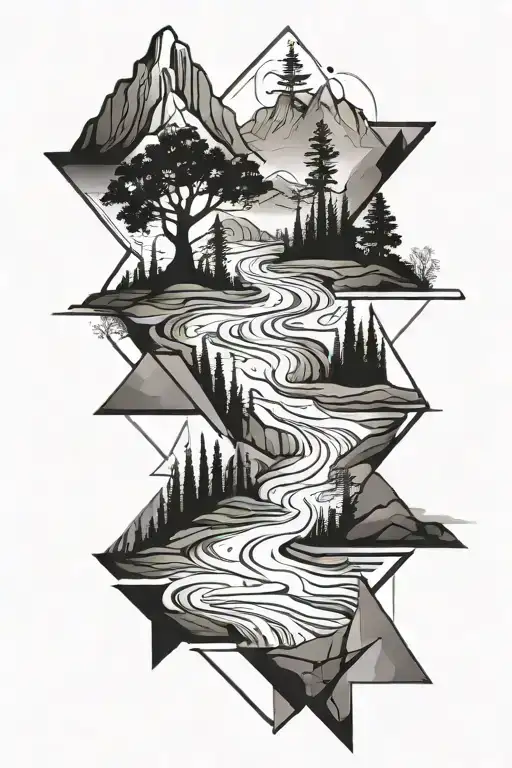 Mountain River Flowing Trees Abstract Geometric