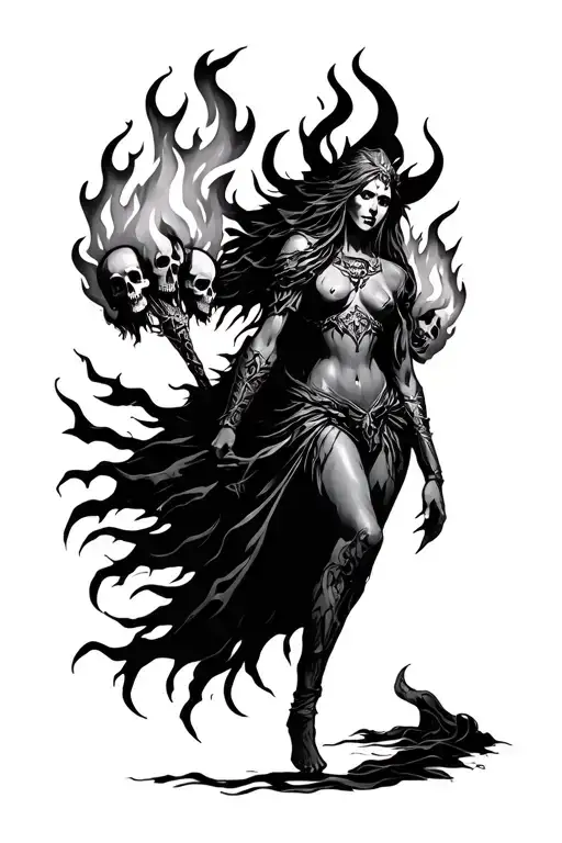 Norse Goddess Hel With Fire And Skulls Representing Dark Periods