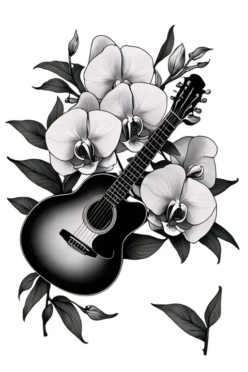 Memorial Tattoo With Guitar Surrounded By Orchids