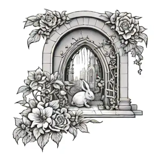 Gothic Style Archway With Flowers And A Small Rabbit