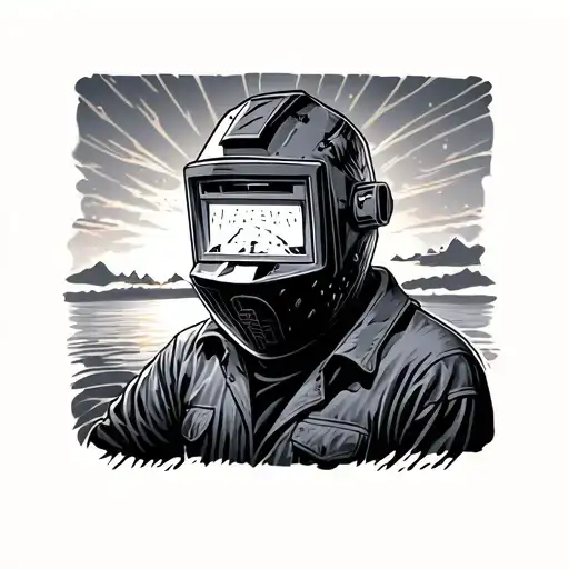 Welding Mask Admiring A Sunset