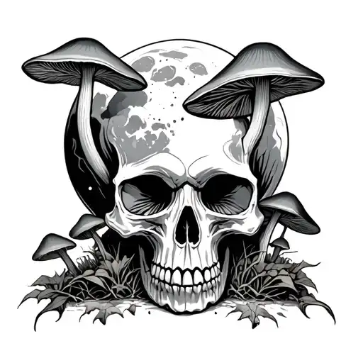 Skull With Mushrooms Growing Inside With The Moon Merging Together