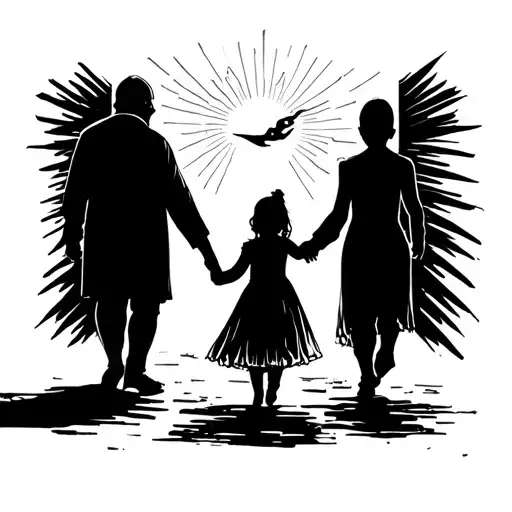 Heavens Gate Sun Rays Grandpa And Grand Daughter Silhouette Holding Hand Walking In The Gates