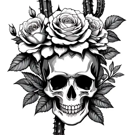 Cactus With Roses And Skull