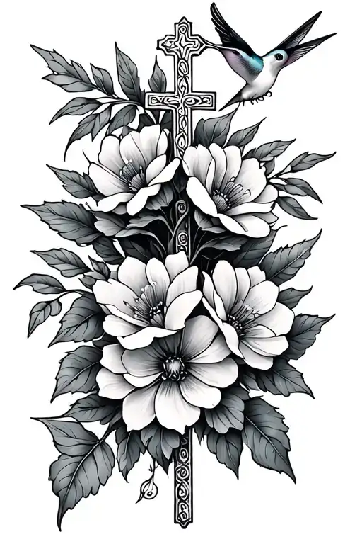 Feminine Wispy Flowers Intertwined With Leaves And A Small Cross And Hummingbird
