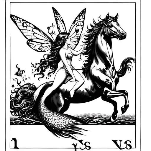 Tarot Card Of A Mermaid Reaching Up To A Fairy On A Horse Mermaid Is Below The Fairy