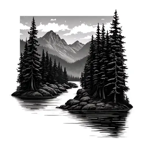 Forest With River And Mountains In The Background