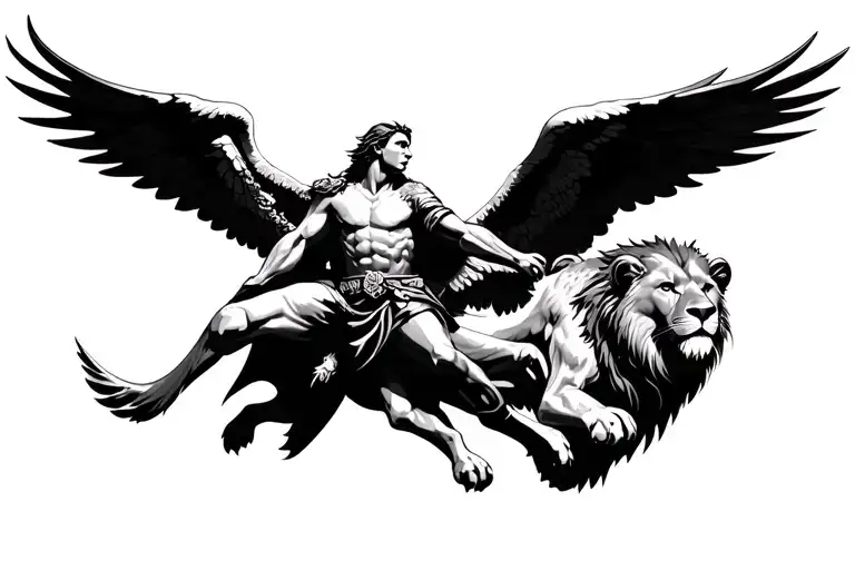 Guardian Angel Warrior With Lion And Eagle Soaring
