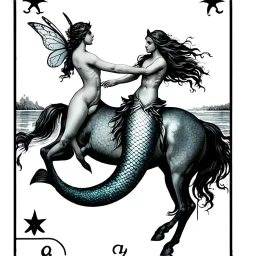 Tarot Card Of A Mermaid Reaching Up To A Fairy On A Horse