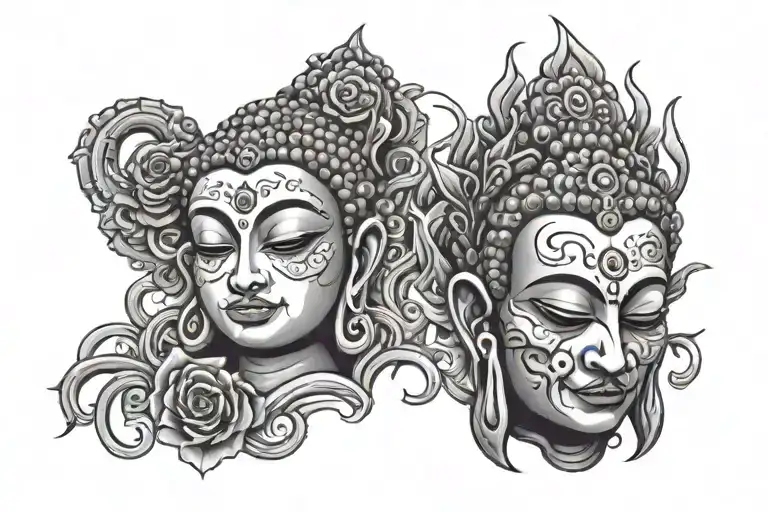 Hindu Buddha With Half Faced As A Scary Zombie Girl All Bloody