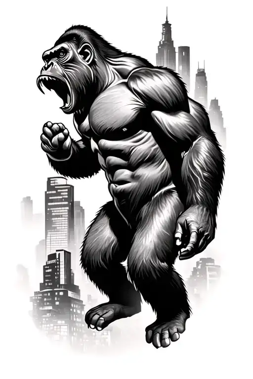 Roaring Silver Back Gorilla Over City Look Realistic