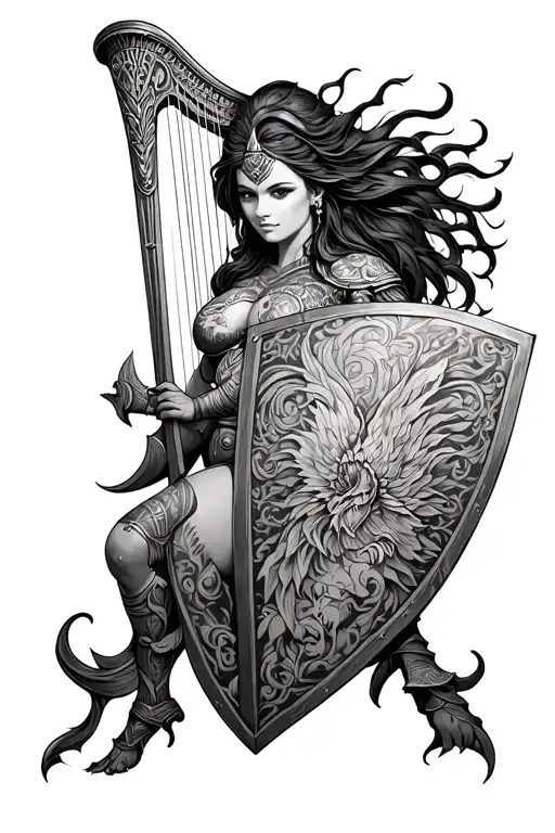 Woman Warrior With Harp Shield Adorned