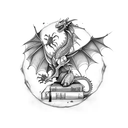 A Fierce Dragon Guarding A Stack Of Books