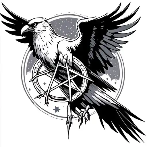 White Raven Holding Pentagram In Its Claws Surrounded By A Starry Sky