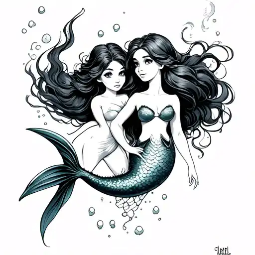 Little Mermaid Swimming Together