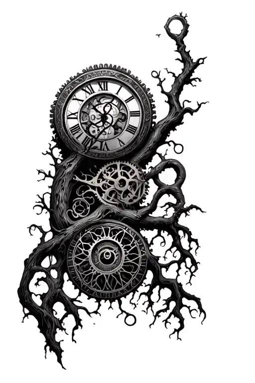 Tree Of Life And Clock Mechanism Intertwined Within