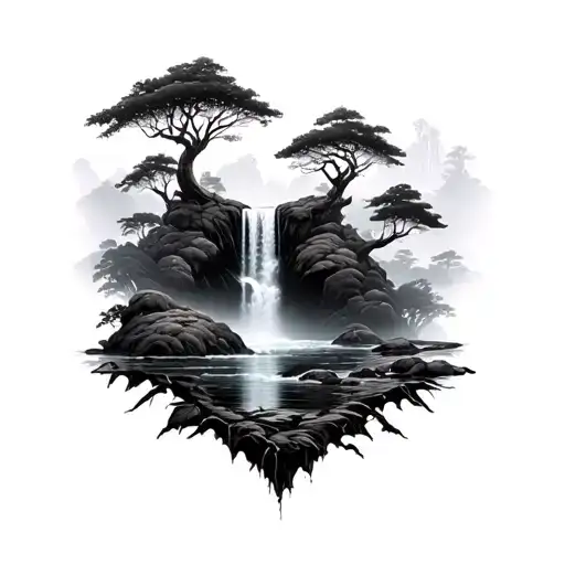 Black And Grey Reality Waterfall Scene Hidden In A Rainforest With Multiple Water Levels