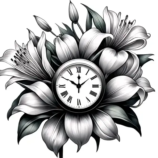 Star Gazing Lily Flowers And Tulips And Clock