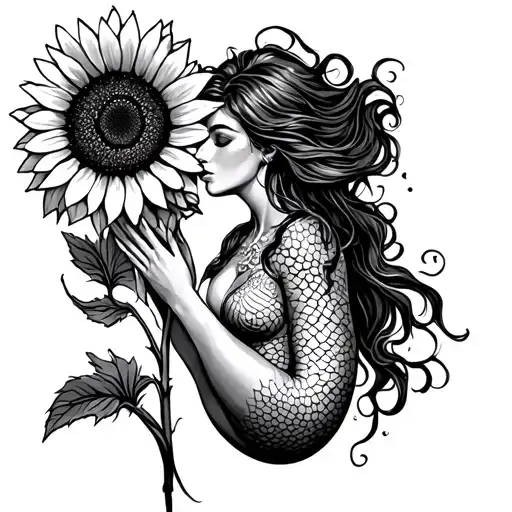 Mermaid Reachng Up To A Sunflower