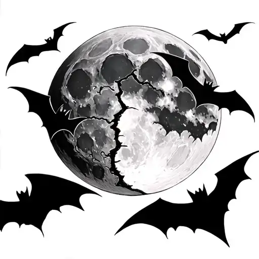 Cracked Moon With Bats Flying Across