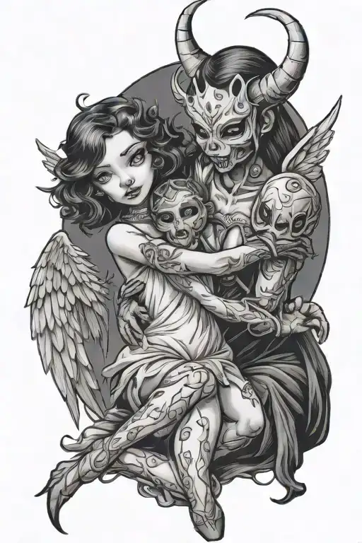 Angel Girl Being Puppet To A Demon Girl Wearing A Mask