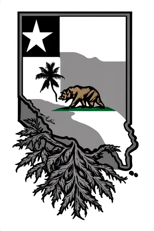 California Outline With Flag Inside And Roots On The Bottom