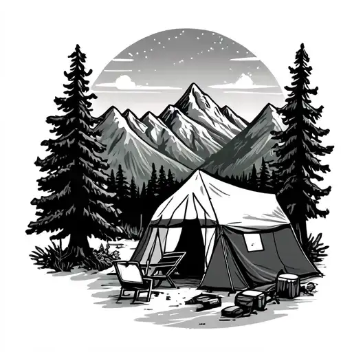 Camping Scene With Mountains