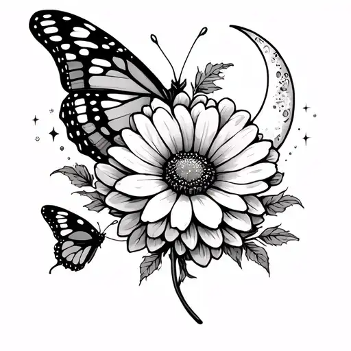 Marigold Flower With A Butterfly And Moon With Sparkles Around