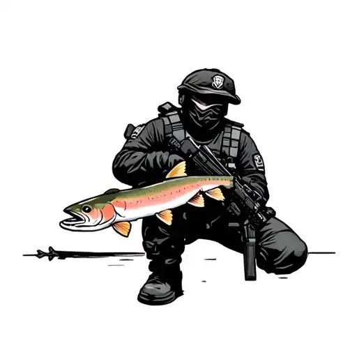 Tactical Swat Police In Full Tactical Gear On One Knee Holding A Rainbow Trout Instead Of A Riffle