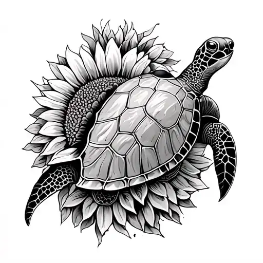 Sunflower Vines Wrapping And Sea Turtle Swimming Upstream