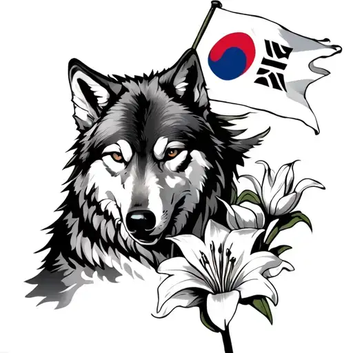 Wolf With Korean Flag Waving And A Lily Flower