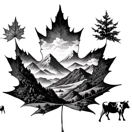 Maple Leaf With Cows And Mountains Panorama