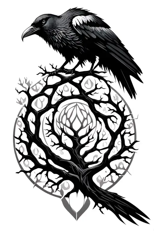 Viking Raven And Tree Of Life Intertwined Geometric Design Bold Black And White No Shadows