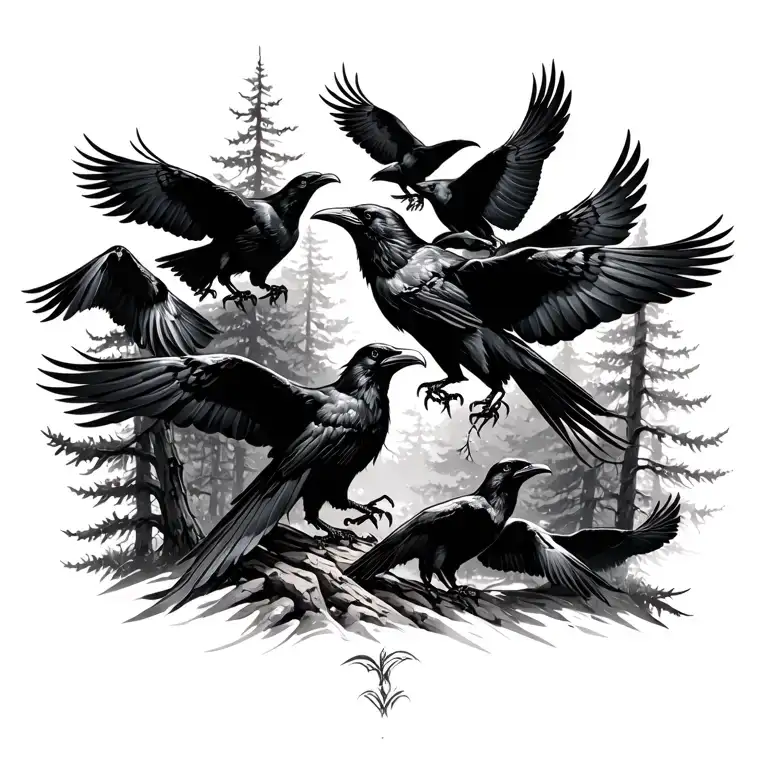 Flock Of Ravens In A Forest