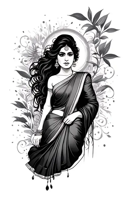 South Asian Woman With Long Black Hair Wearing Sari Modern With Attitude