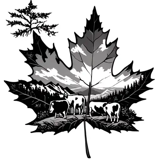 Maple Leaf With Cows Grazing And Mountains Inside