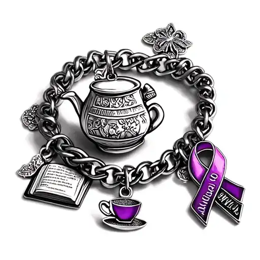 Charm Bracelet With Fibromyalgia Ribbon Tea And Book Charms