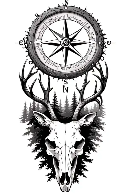 Detailed Compass Rose Surrounded By Deer Skull And Forest