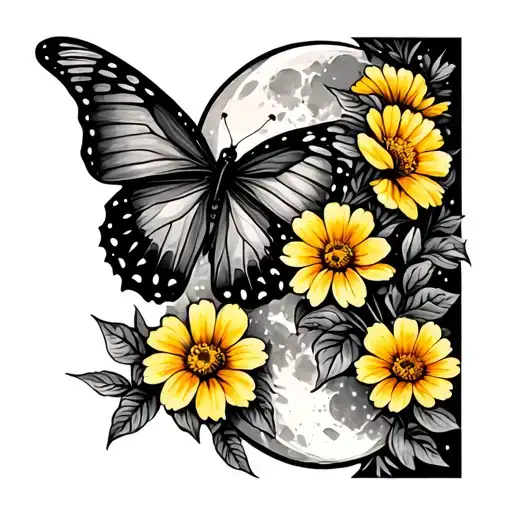 Yellow Flowers With A Butterfly And Moon