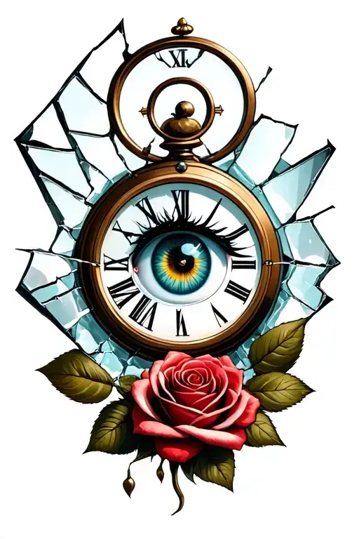 Eye Inside A Clock With A Broken Glass And A Rose On The Bottom