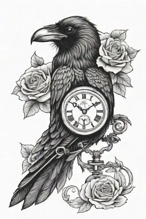 Raven With A Pocket Watch Surrounded By Roses Blooming