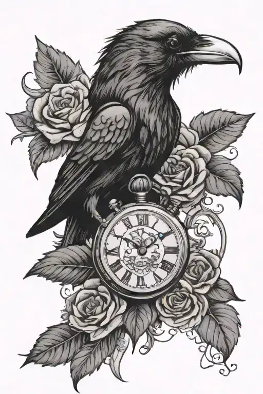 Raven Holding A Pocket Watch In Its Mouth Surrounded By Blooming Roses And A Banner