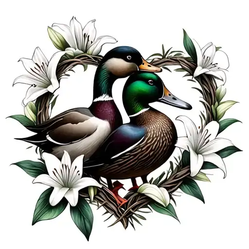Two Mallard Ducks Cuddling Inside A Wreath Of Lily Flowers In The Shape Of A Heart