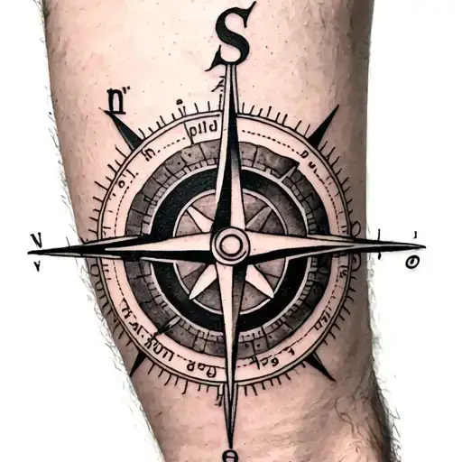 Tattoo Of Compass On Calf Of Man