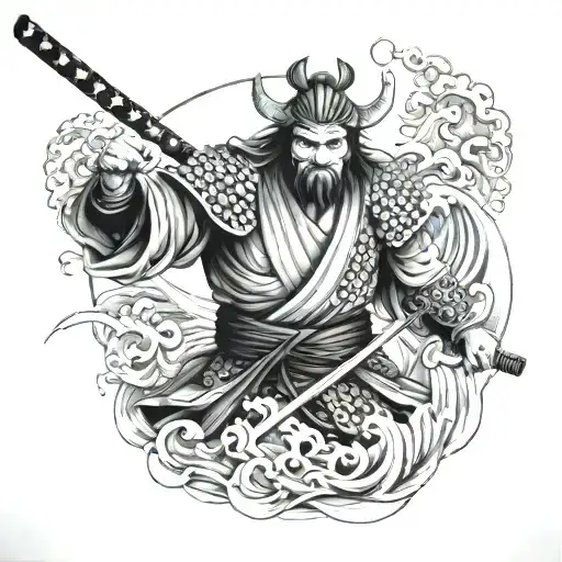 Samurai With Katana Surrounded By Waves With Oni Mask