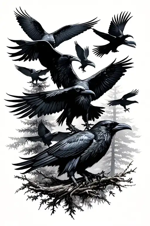 Flock Of Ravens In A Forest