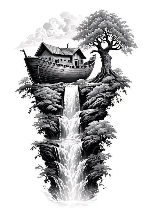 Noah's Ark Which Descends A Waterfall Which Floods The Garden Of Eden With The Apple Tree