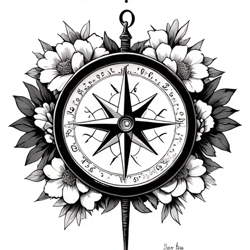 Compass Pointing To Different Religious Symbols Surrounded By Flowers