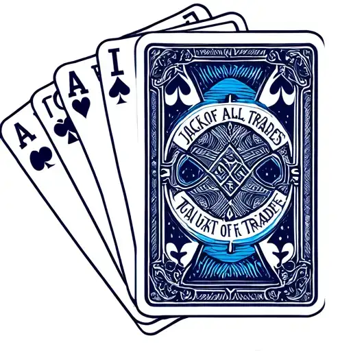 4 Playing Cards Each With A Different Blue Collor Trade And A Jack Of All Trades Card On Top